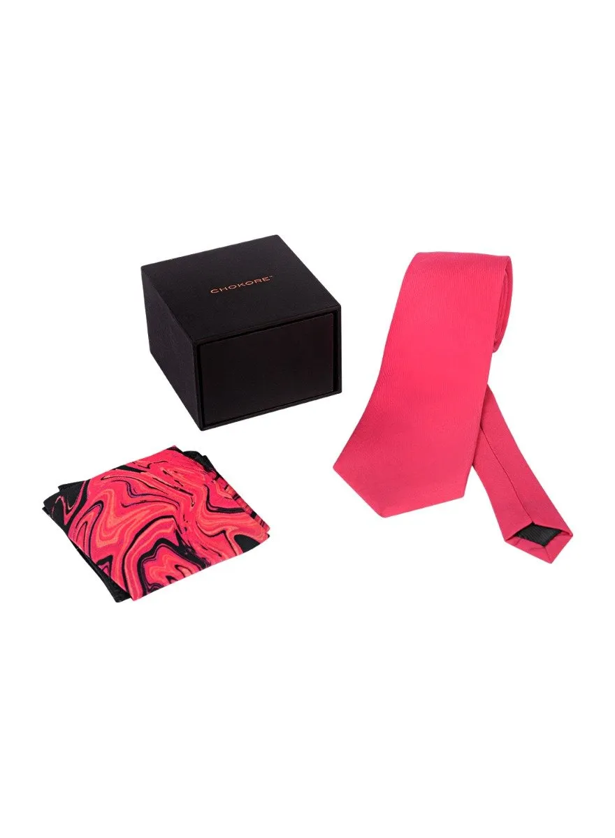 Chokore Plain Pink color silk tie & Magenta Silk Pocket Square from the Marble Design range set