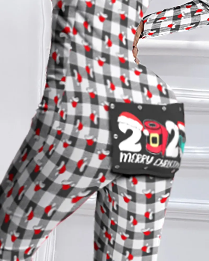 Christmas Graphic Plaid Print Functional Buttoned Flap Adults Pajamas