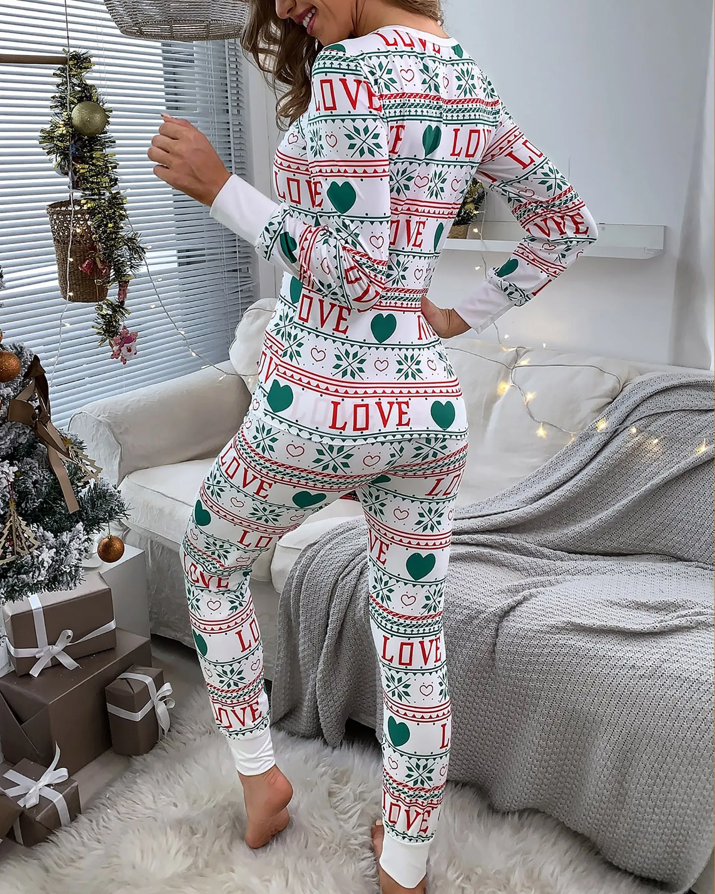 Christmas Mixed Print Bowknot Decor Pajamas Set