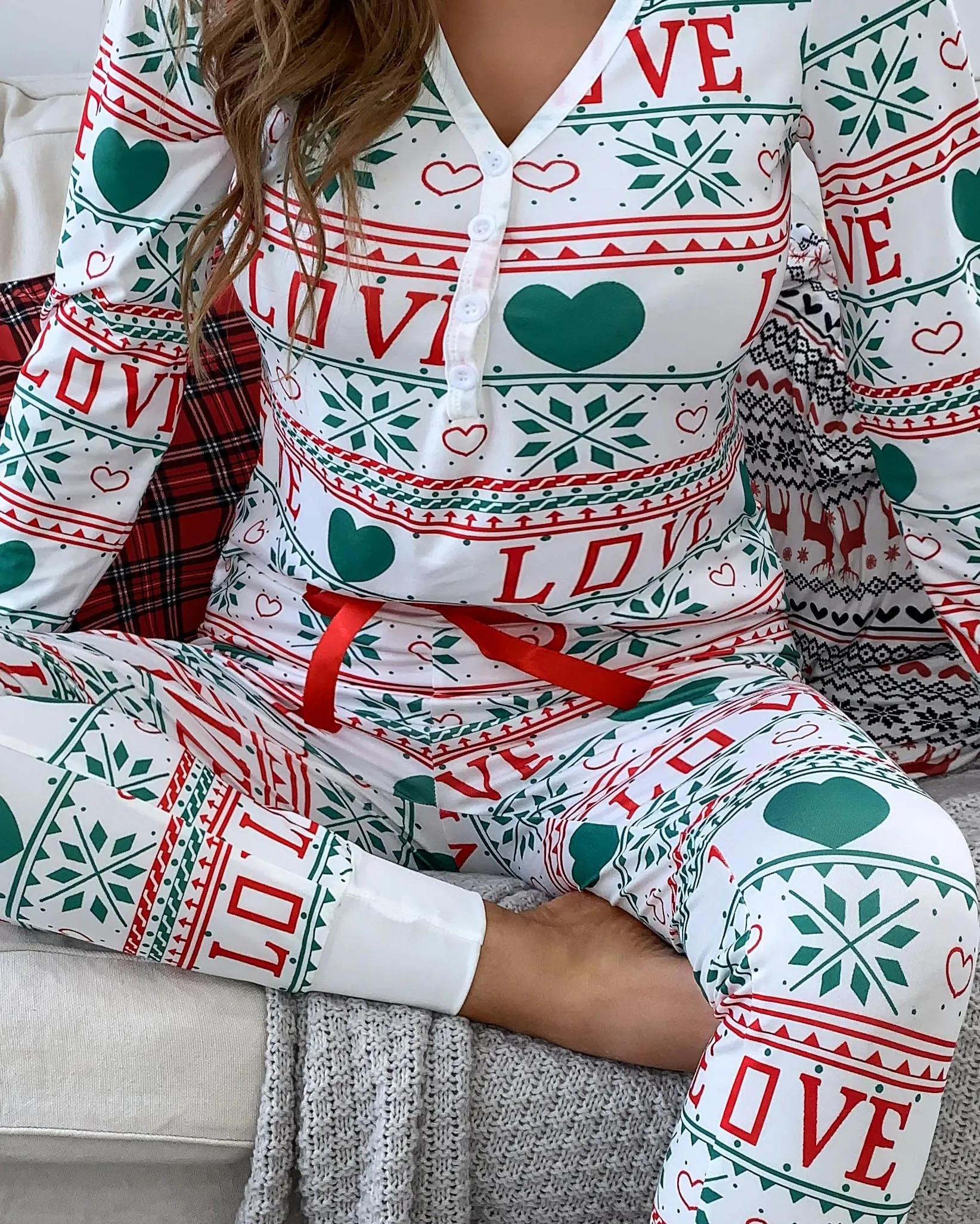 Christmas Mixed Print Bowknot Decor Pajamas Set