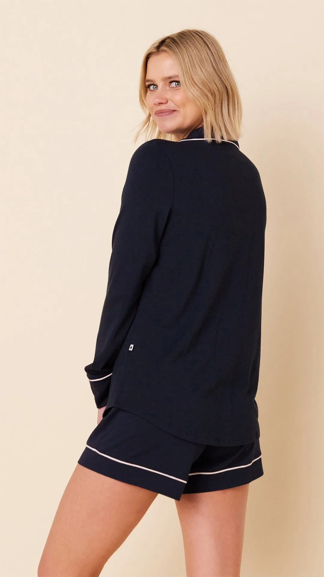 Classic Pima Knit Long-Sleeved Short Set - Midnight