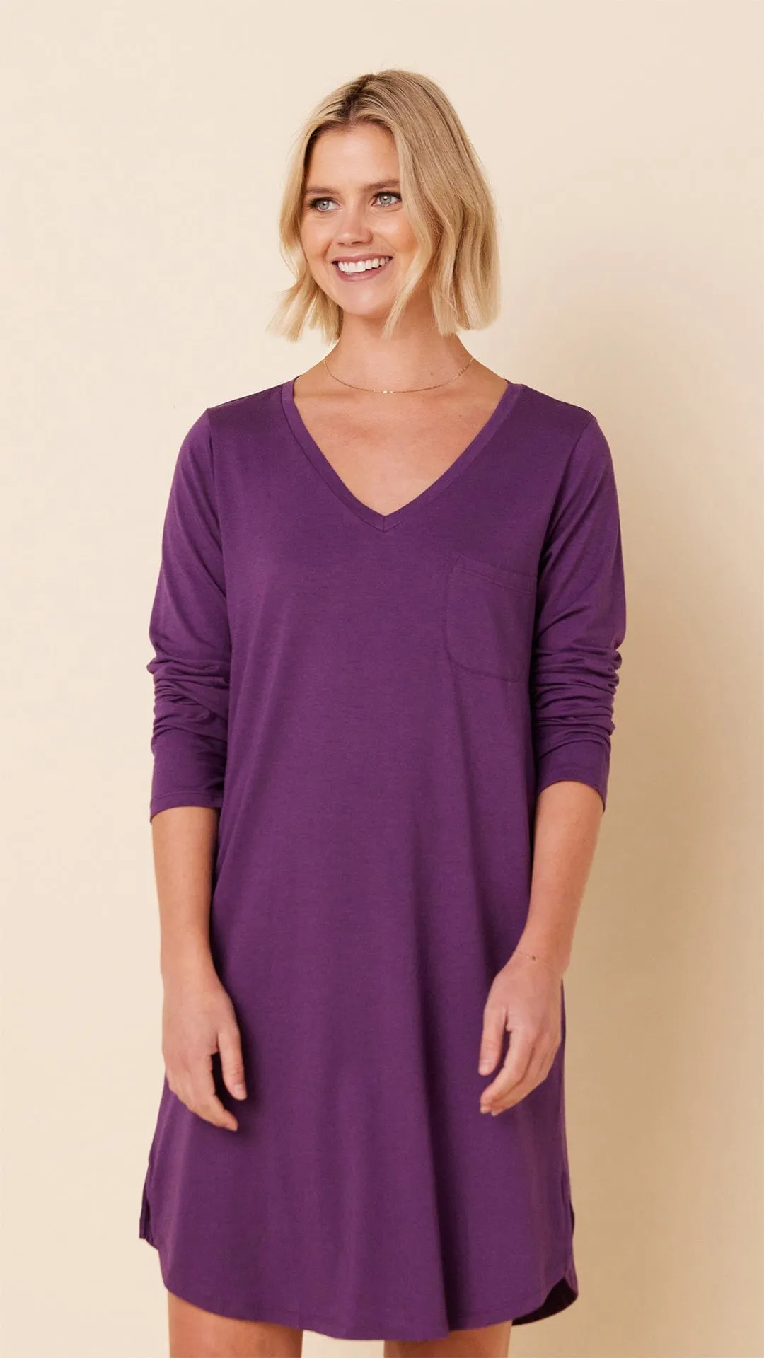 Classic Pima Knit Long-Sleeved Sleep Shirt - Aubergine