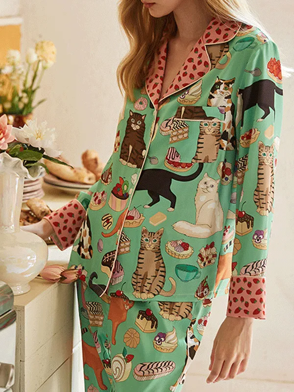 Coffee Cat Print Long Sleeve Pajama Set