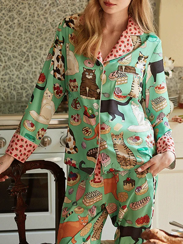 Coffee Cat Print Long Sleeve Pajama Set