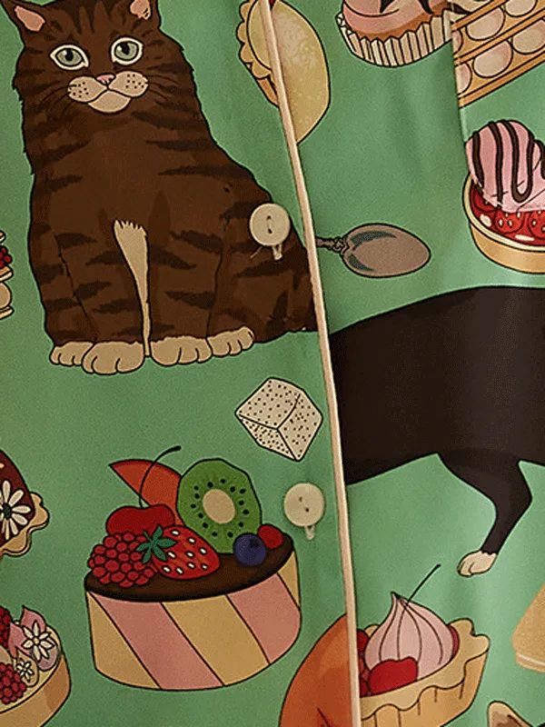 Coffee Cat Print Long Sleeve Pajama Set