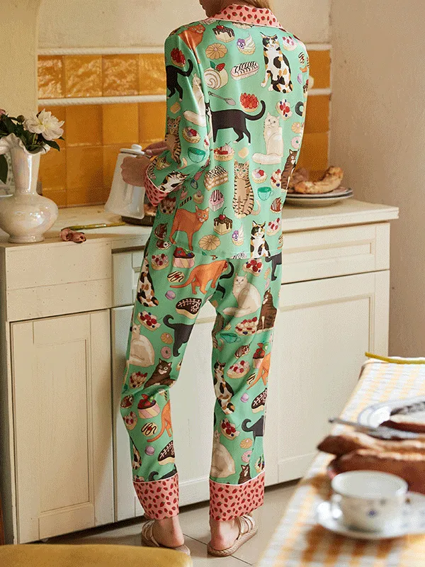 Coffee Cat Print Long Sleeve Pajama Set