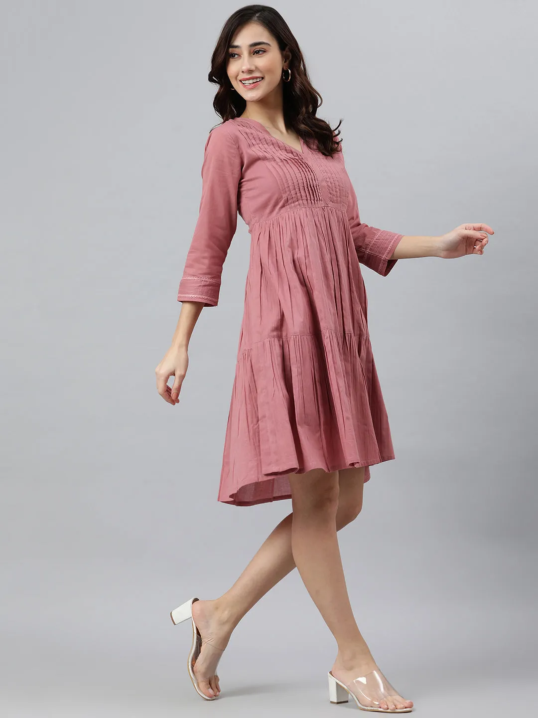 Coral Pink Cotton Solid Flared Western Dress