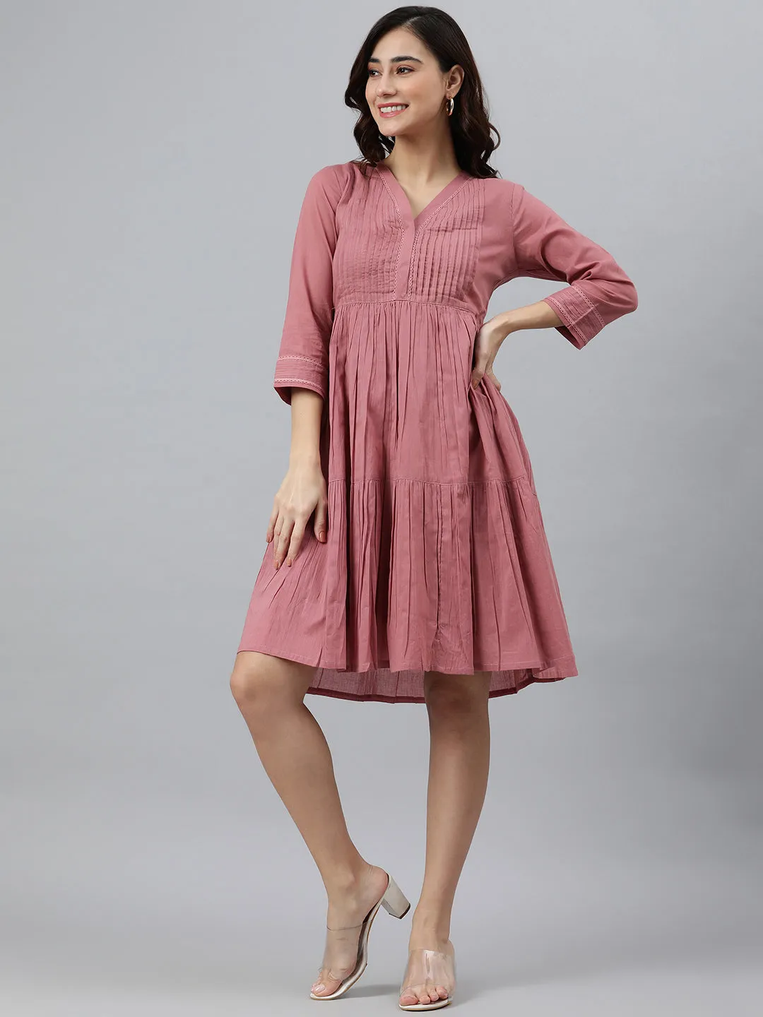 Coral Pink Cotton Solid Flared Western Dress