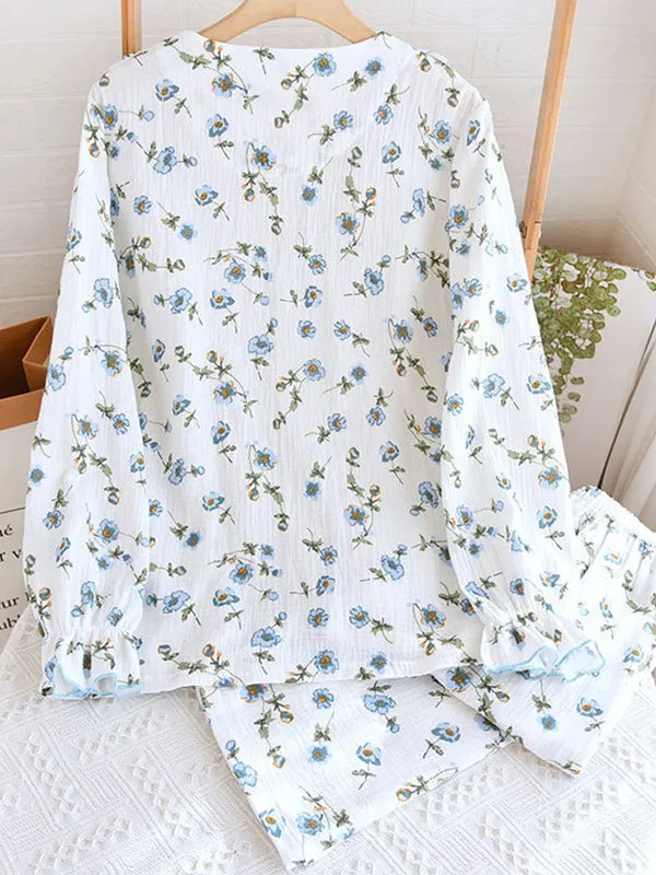 Cotton 2Pcs V Neck Floral Pajama Set