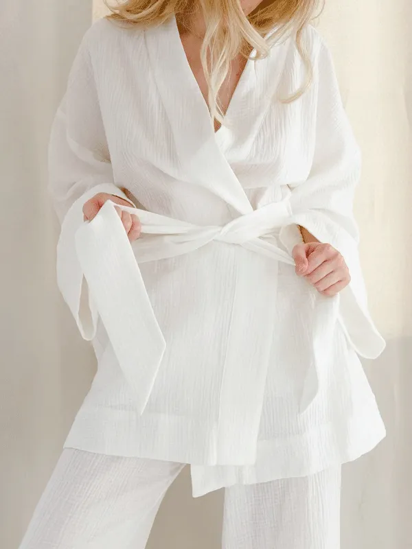 Cotton Solid Color Long Sleeve Robe Set