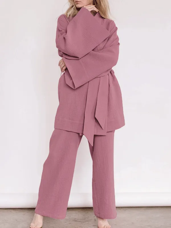 Cotton Solid Color Long Sleeve Robe Set