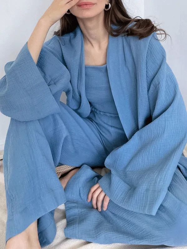 Cotton Solid Color Long Sleeve Robe Set