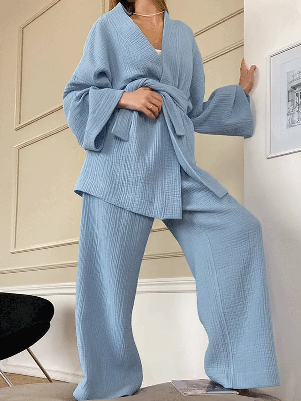 Cotton Solid Color Long Sleeve Robe Set