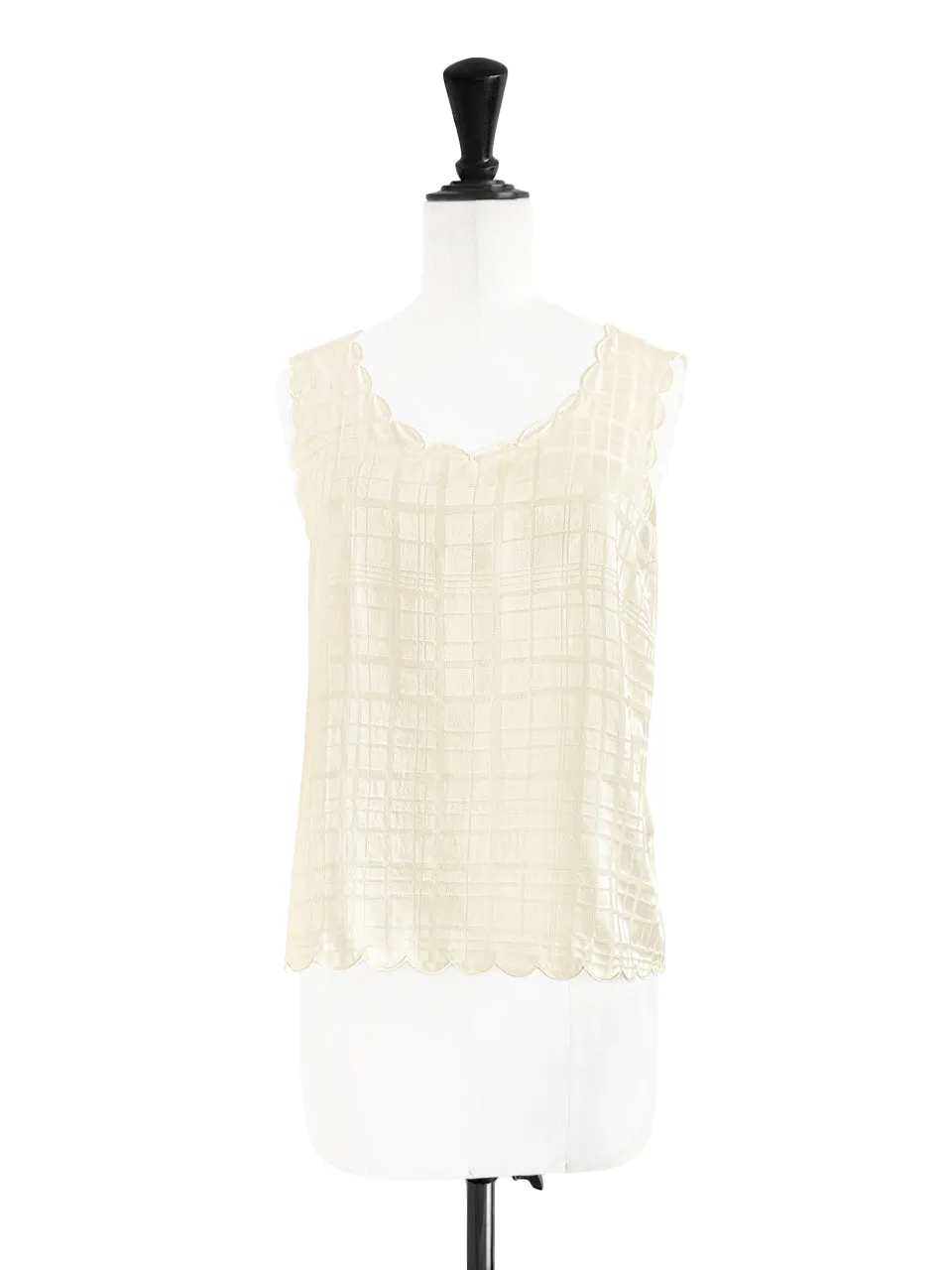 Creamy Check Round Neck Scallop Silk Tank