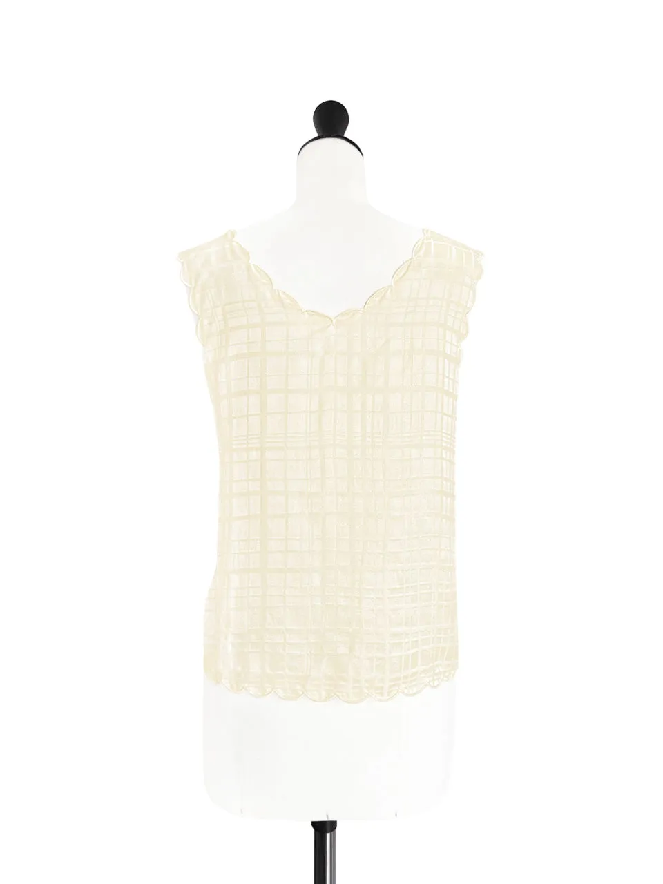 Creamy Check Round Neck Scallop Silk Tank