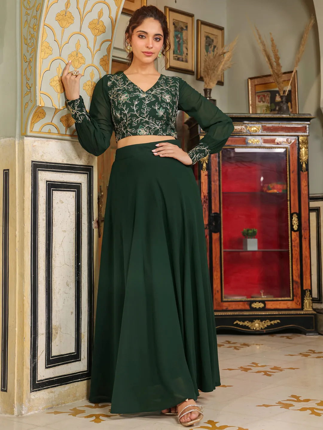 Dark Green Georgette Embroidered Top With Skirt Set