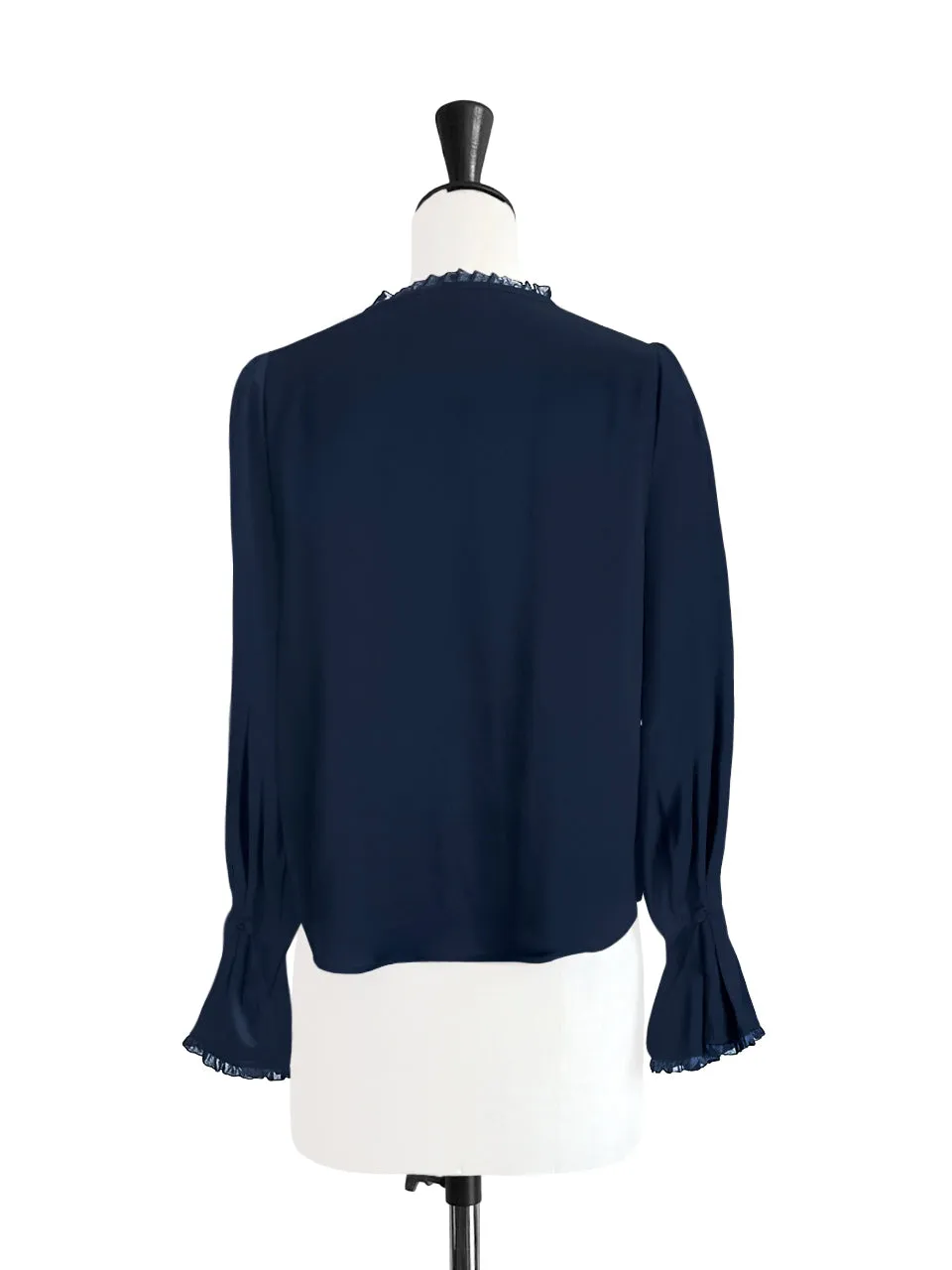 Dark Navy Mesh Trimmed Ruffle V-neck Silky Blouse