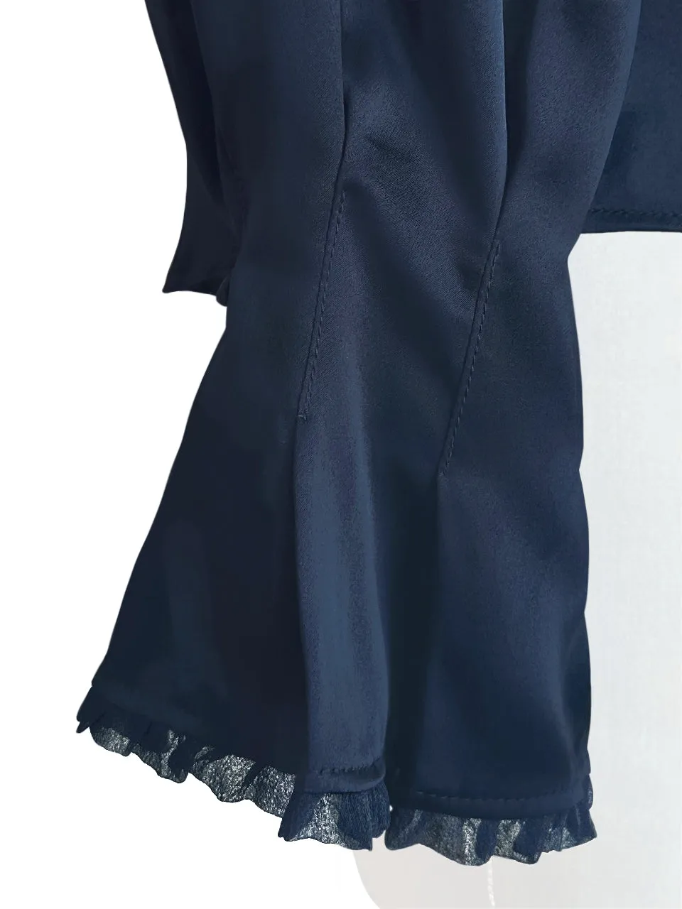 Dark Navy Mesh Trimmed Ruffle V-neck Silky Blouse