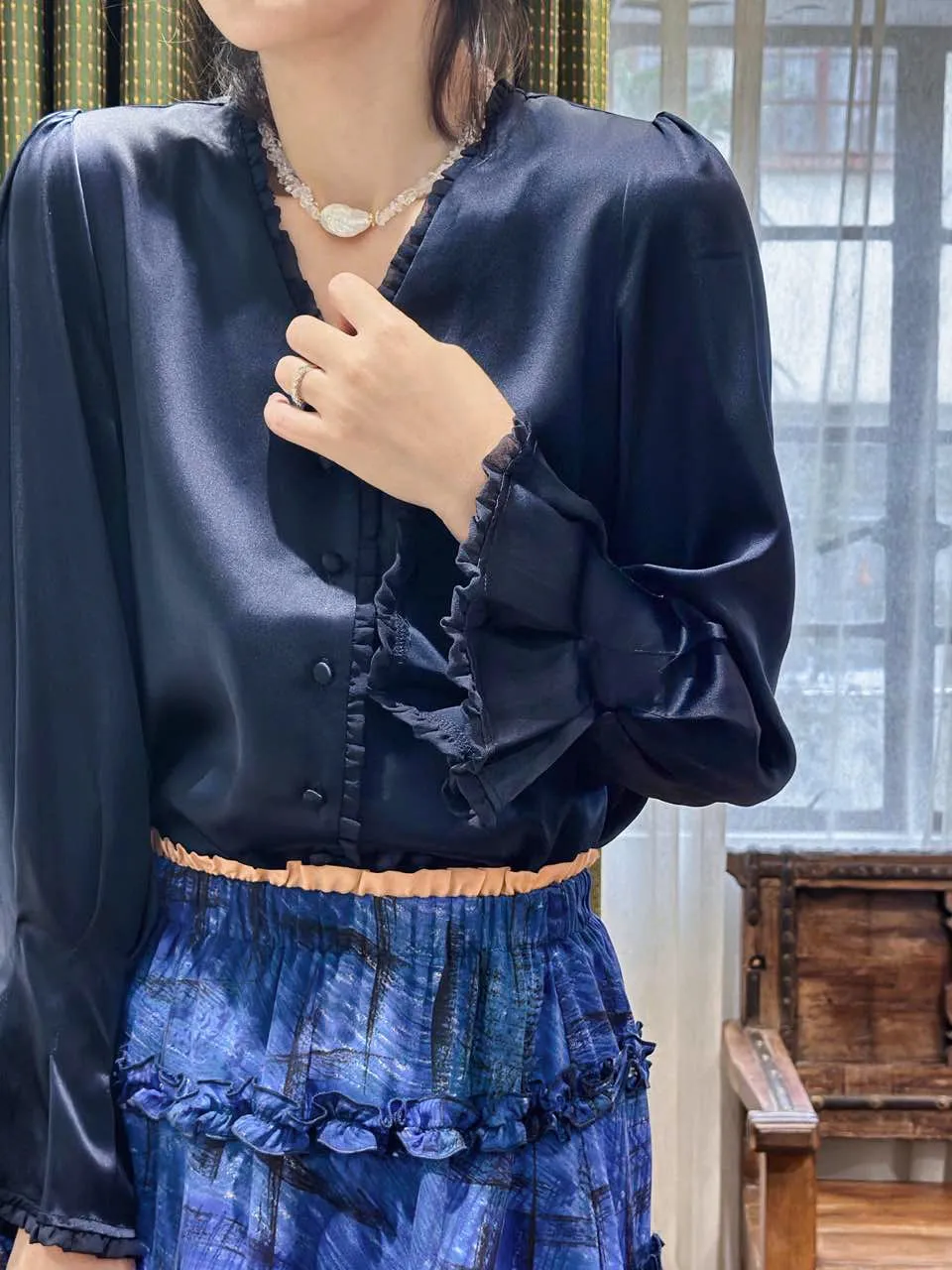 Dark Navy Mesh Trimmed Ruffle V-neck Silky Blouse