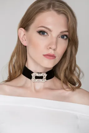 Deema Al Asadi - Black Velvet Diamond Buckle Choker Necklace