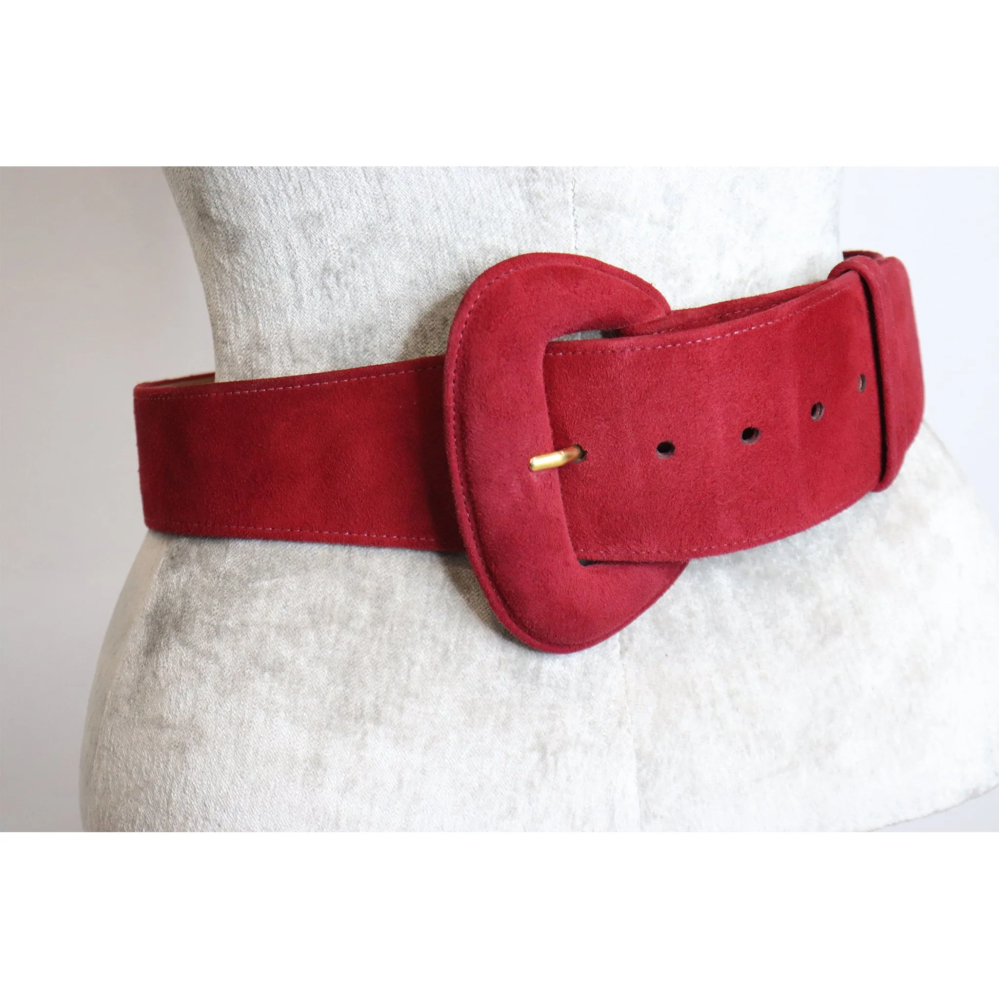 Donna Karan Red Suede Leather Belt w/ Oval Buckle Circa 1990s