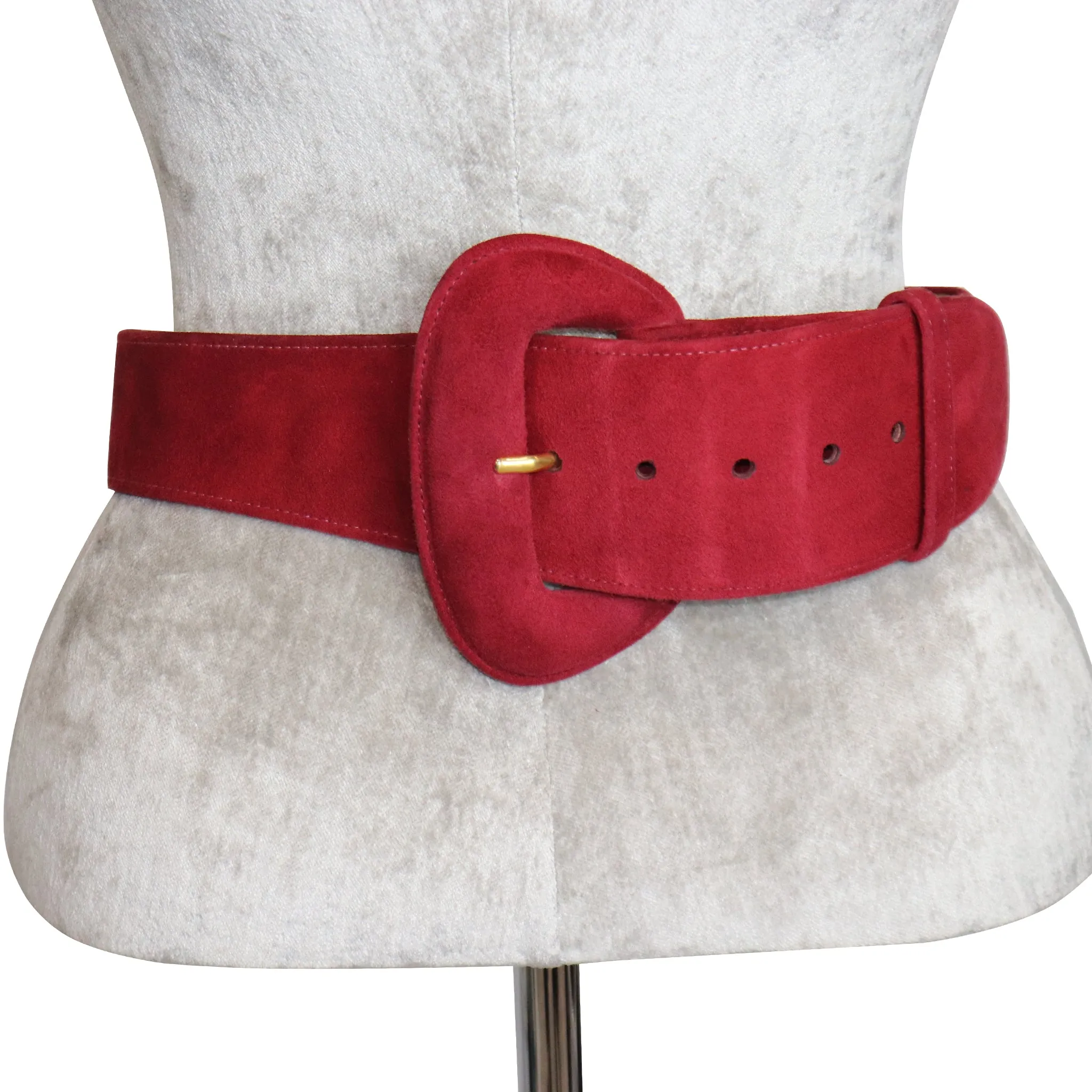 Donna Karan Red Suede Leather Belt w/ Oval Buckle Circa 1990s