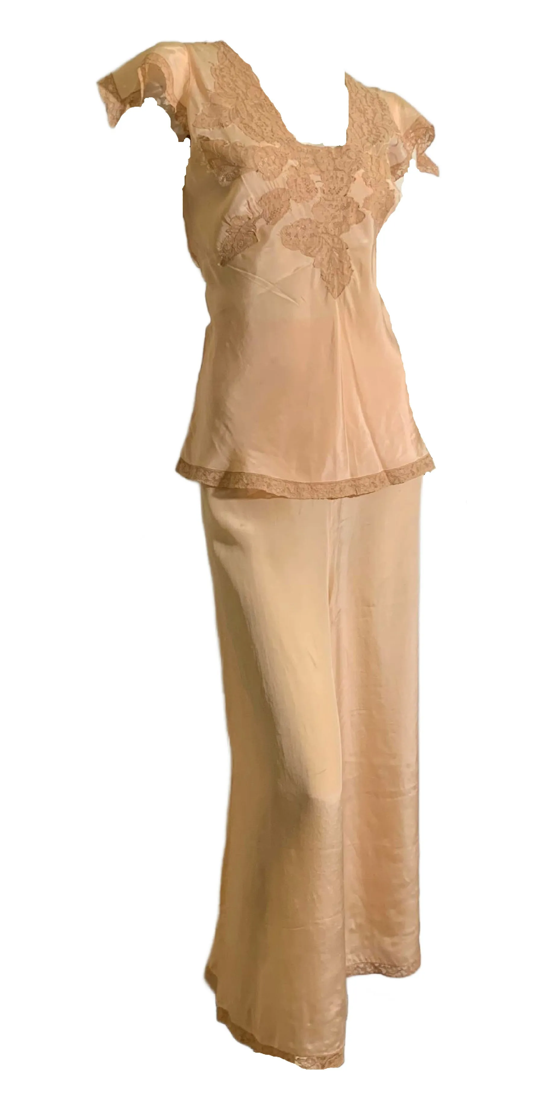 Ecru Lace Trimmed 2 Pc Pyjama Set Wide Legs Slit Sleeves circa 1930s