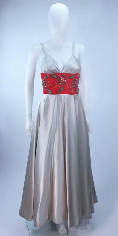 ELEANORA GARNETT 1950s Silver and Red Silk Gown Size 2