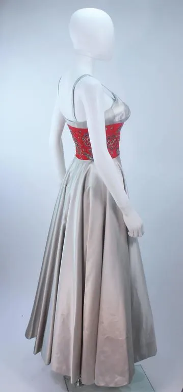 ELEANORA GARNETT 1950s Silver and Red Silk Gown Size 2