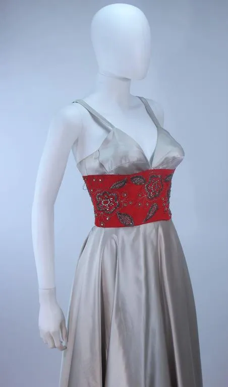 ELEANORA GARNETT 1950s Silver and Red Silk Gown Size 2