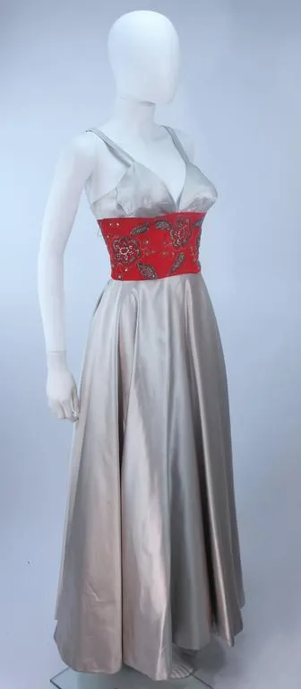 ELEANORA GARNETT 1950s Silver and Red Silk Gown Size 2