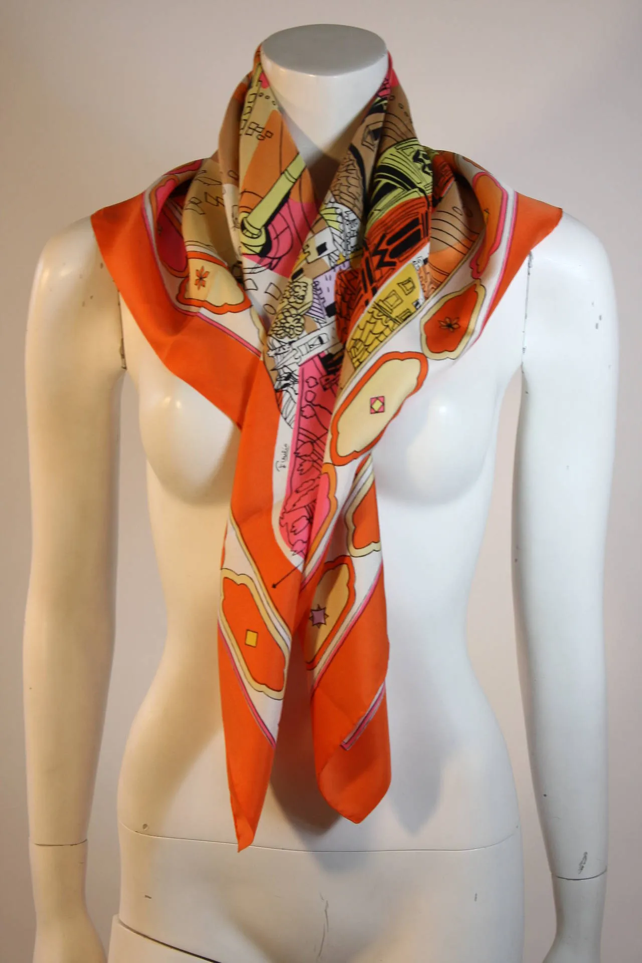 EMILIO PUCCI 1960s Orange Silk Abstract Florentine Pallazzo Print