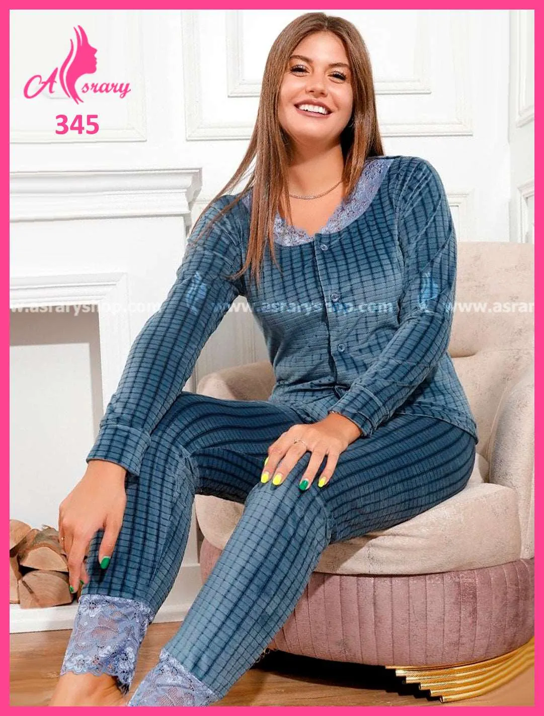 Engraved Velvet with Lace Buttoned Pajamas 345