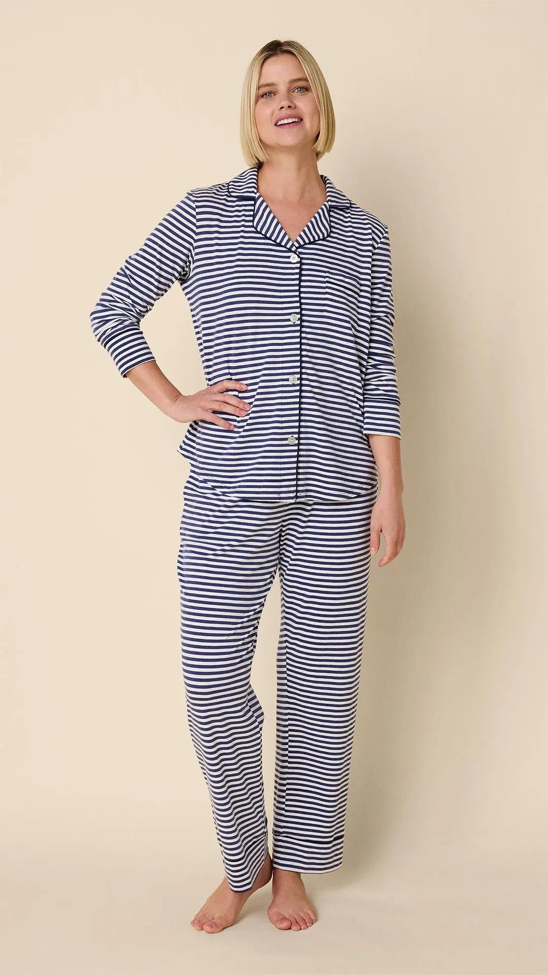 Essential Stripe Pima Knit Long-Sleeved Pajama - Navy