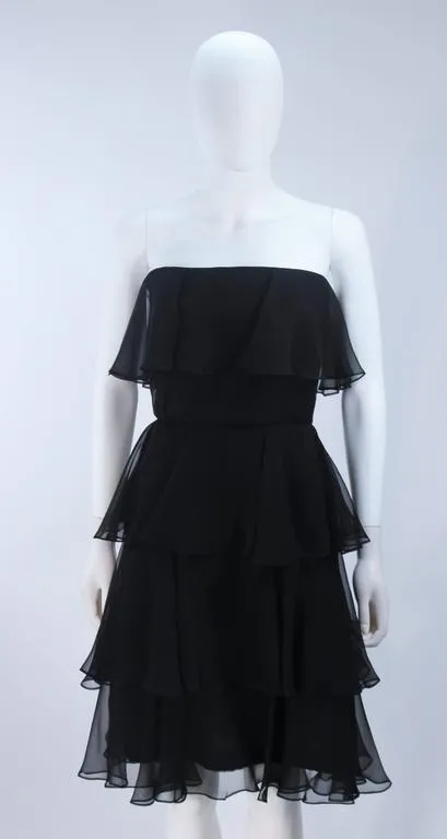 ESTEVEZ Black Silk Strapless Tiered Chiffon Cocktail Dress Size 4