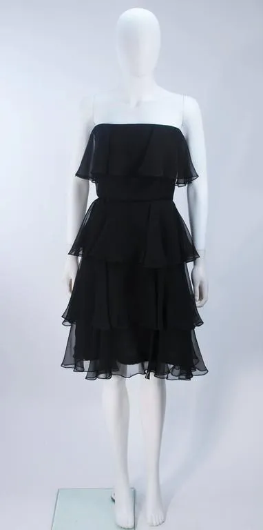 ESTEVEZ Black Silk Strapless Tiered Chiffon Cocktail Dress Size 4