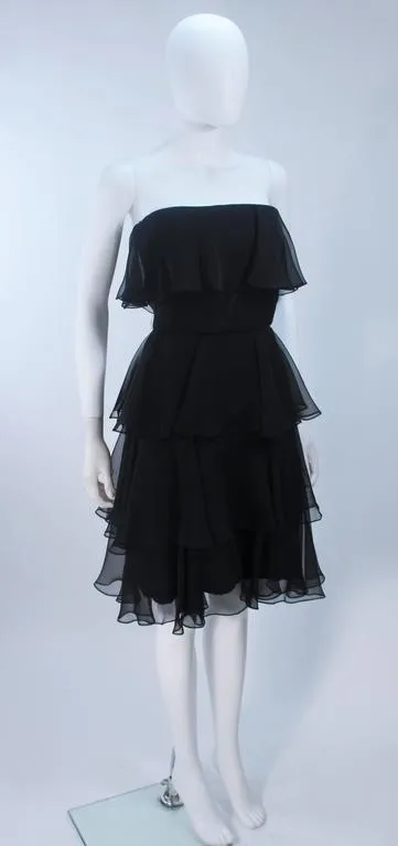 ESTEVEZ Black Silk Strapless Tiered Chiffon Cocktail Dress Size 4