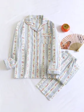 Floral Long Sleeve Blue Striped Pajama Set