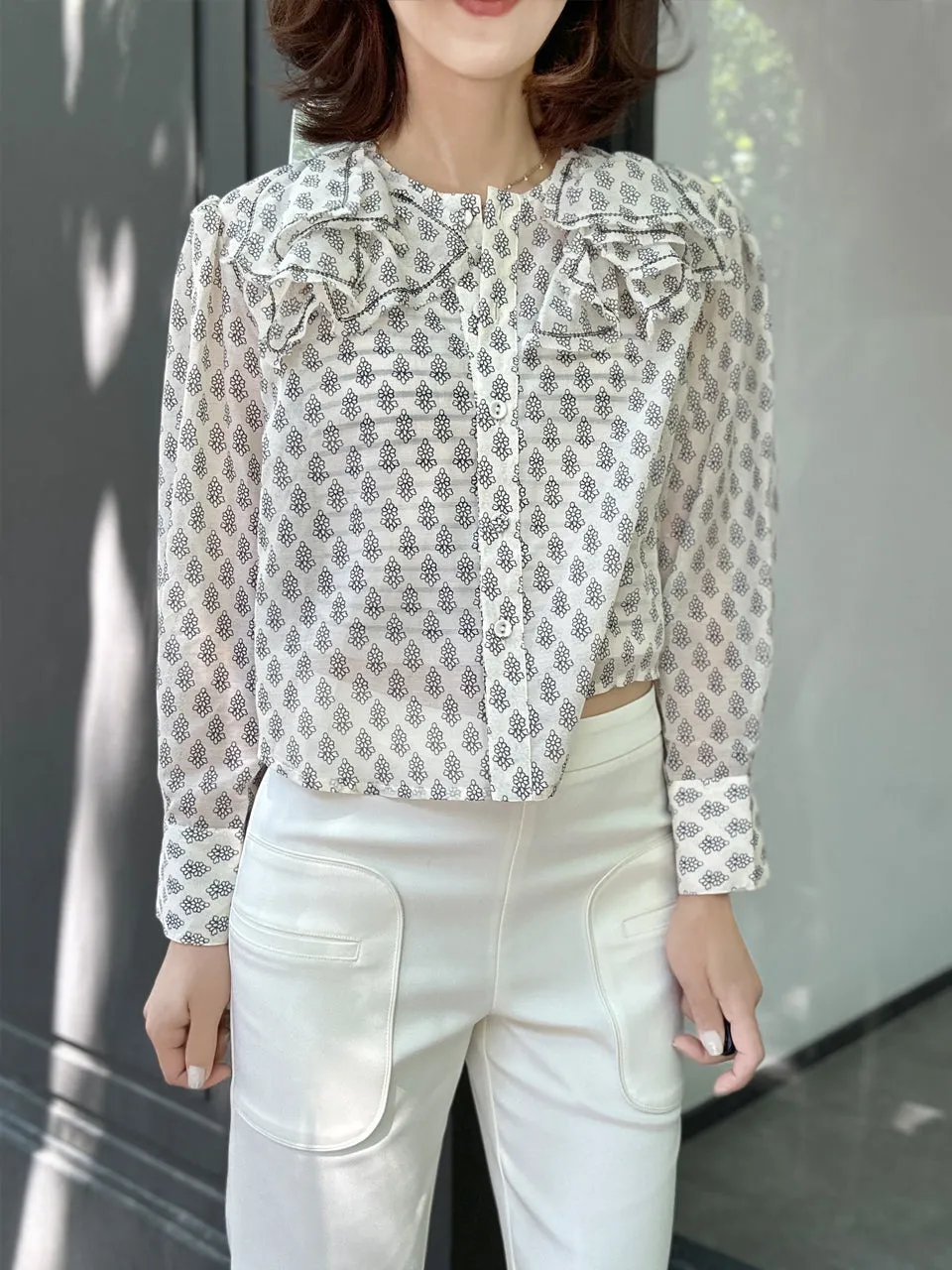 Floral Print Embroidery Layered Collar Cropped Shirt