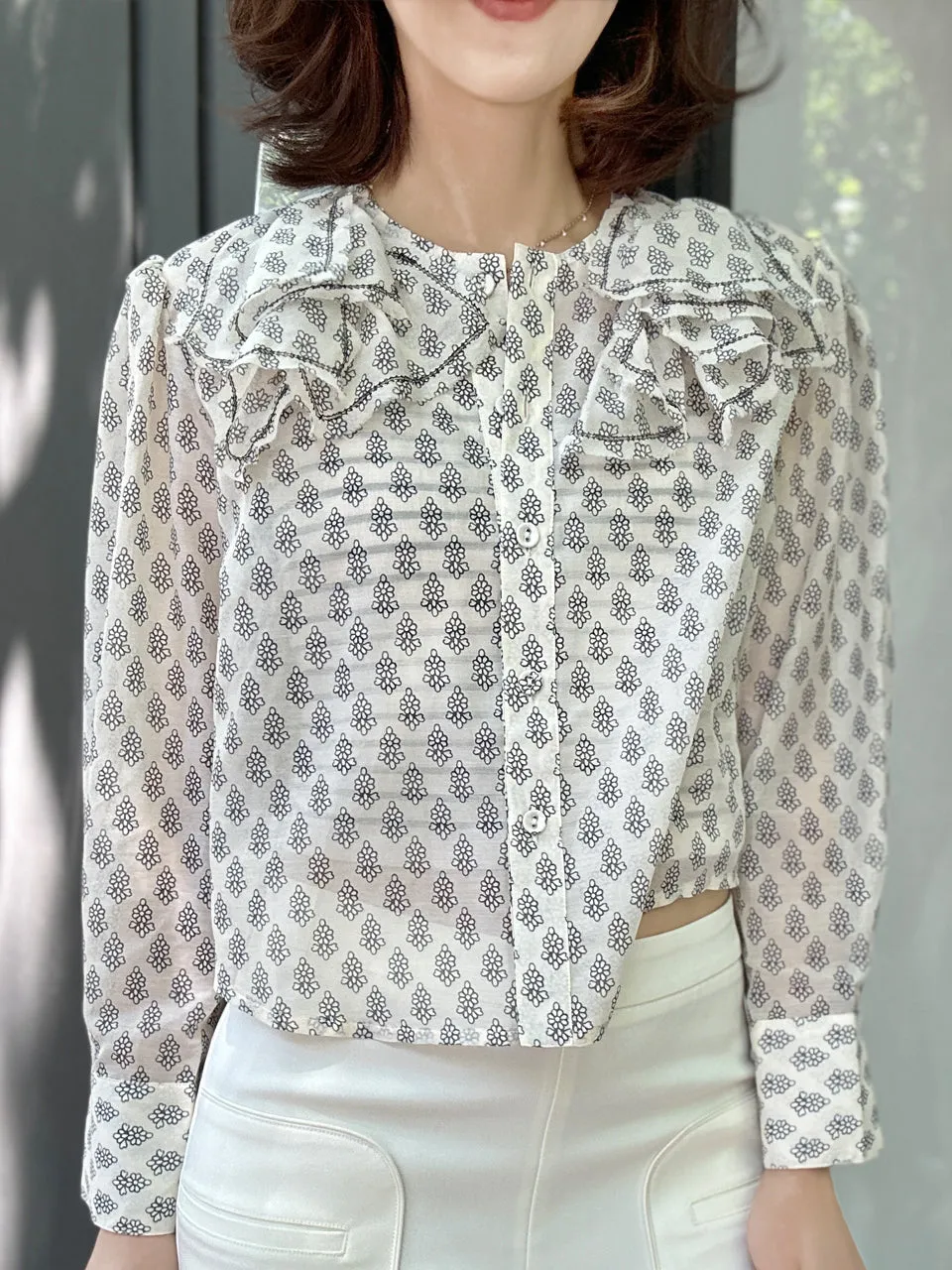 Floral Print Embroidery Layered Collar Cropped Shirt