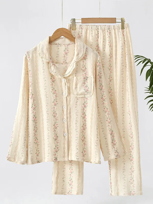 Floral Print Lace Trim Pajama Set