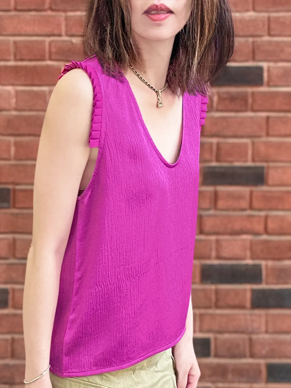 Fuchsia Pleated Ruffle Shoulder Textured Silk Tank