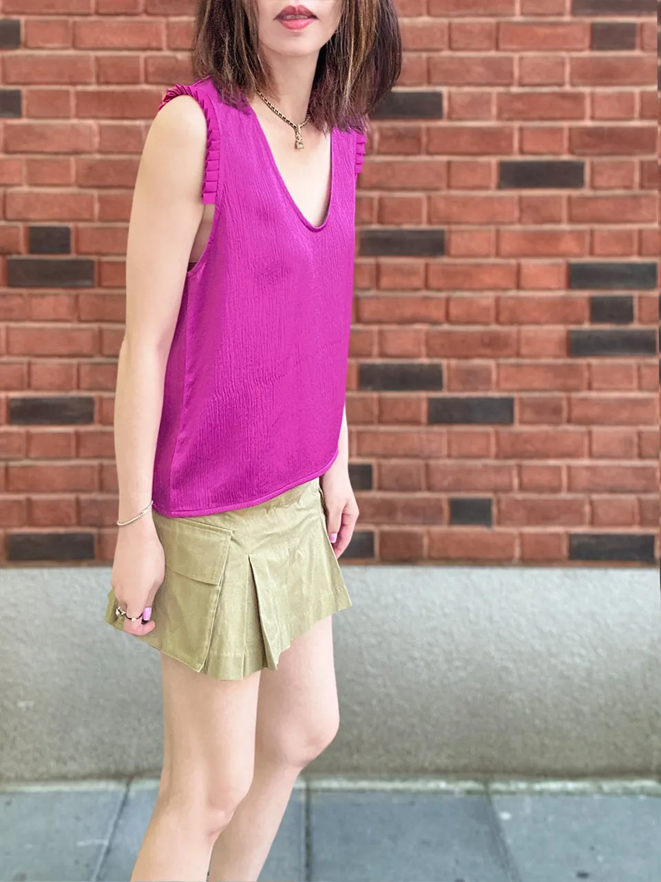 Fuchsia Pleated Ruffle Shoulder Textured Silk Tank