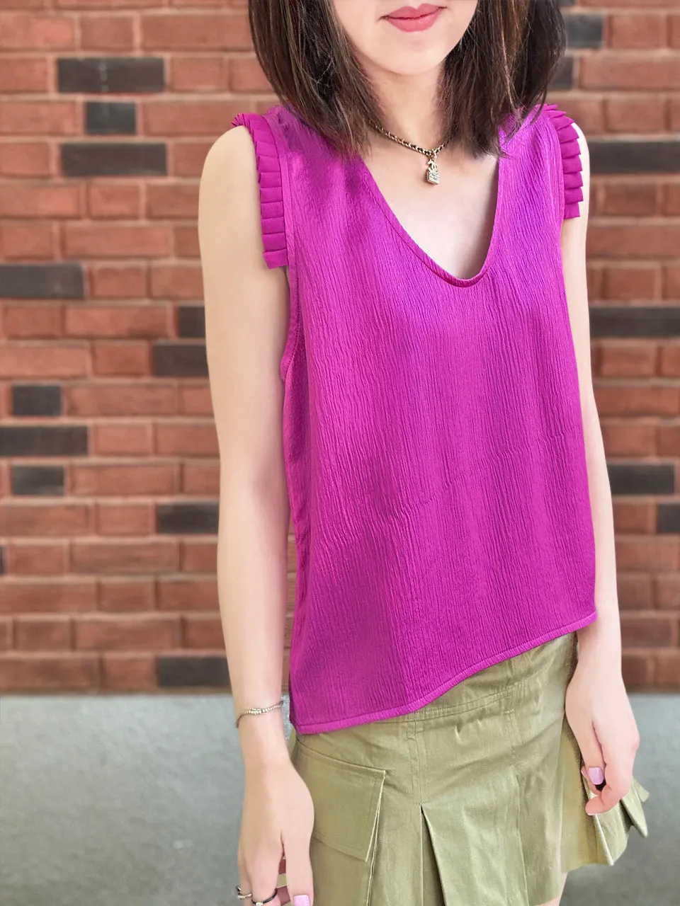 Fuchsia Pleated Ruffle Shoulder Textured Silk Tank