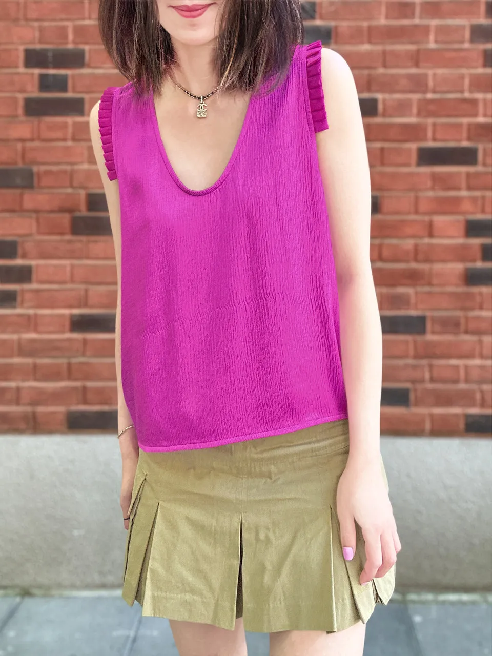 Fuchsia Pleated Ruffle Shoulder Textured Silk Tank