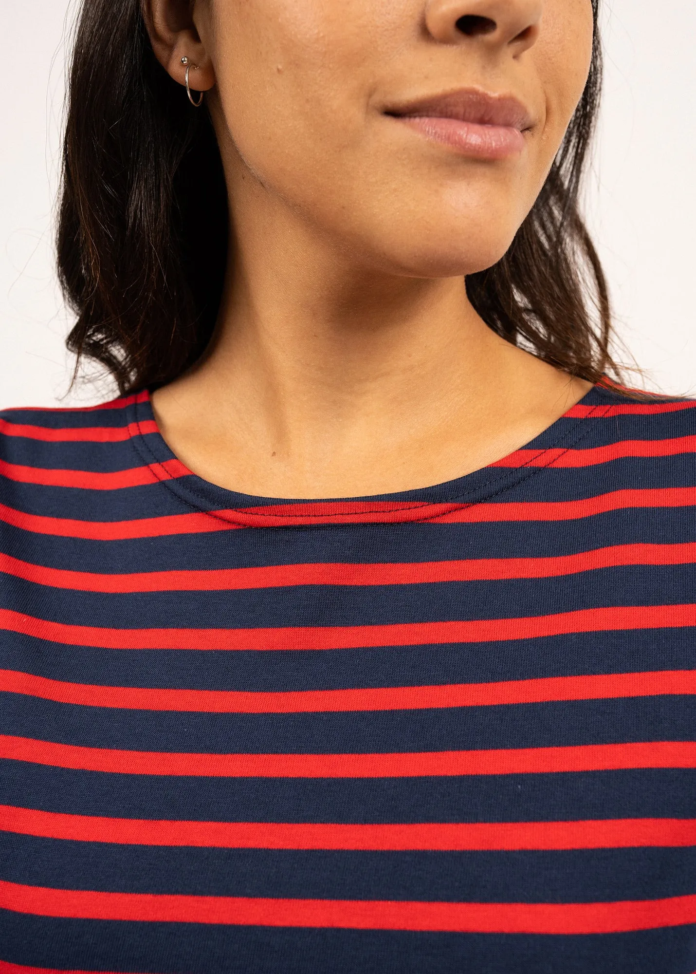 GALATHEE II - Breton Striped Top with ¾ Sleeve | Soft Cotton | Women Fit (NAVY / RED)