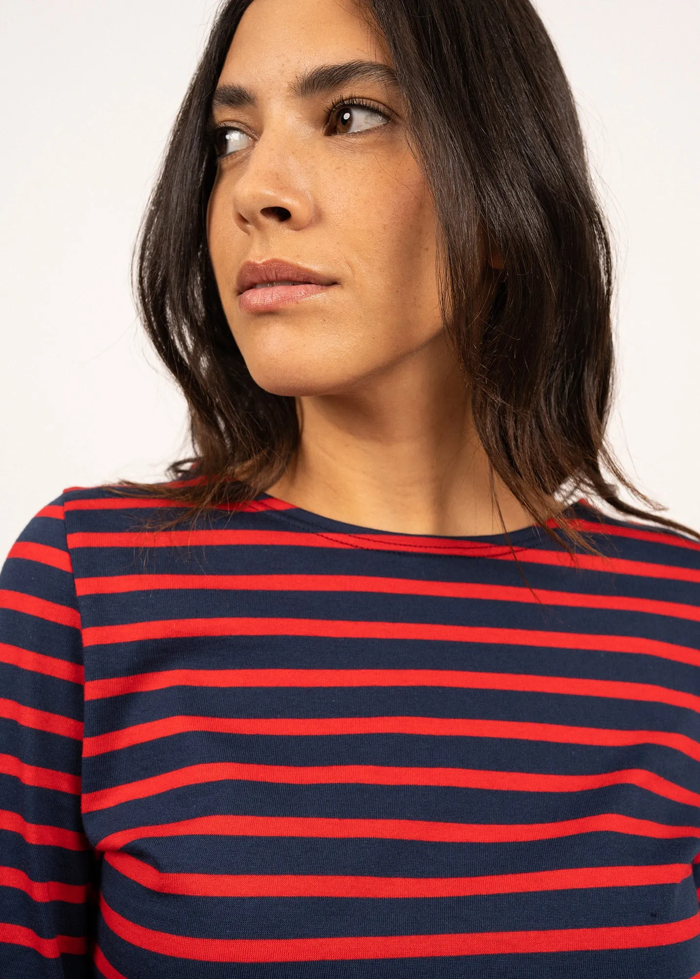 GALATHEE II - Breton Striped Top with ¾ Sleeve | Soft Cotton | Women Fit (NAVY / RED)