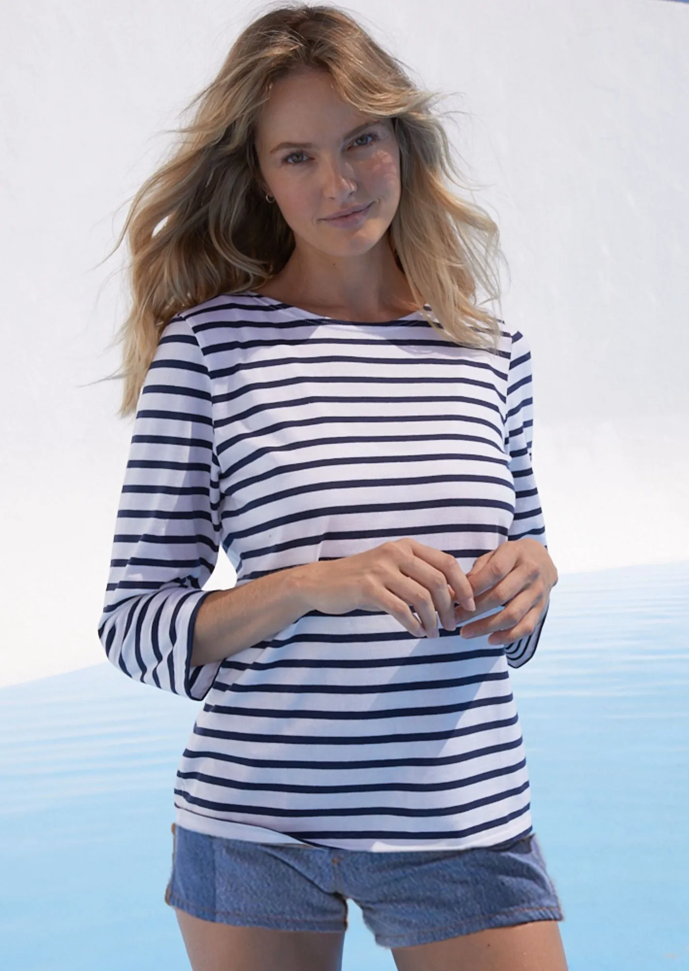 GALATHEE II - Breton Striped Top with ¾ Sleeve | Soft Cotton | Women Fit (WHITE / NAVY)