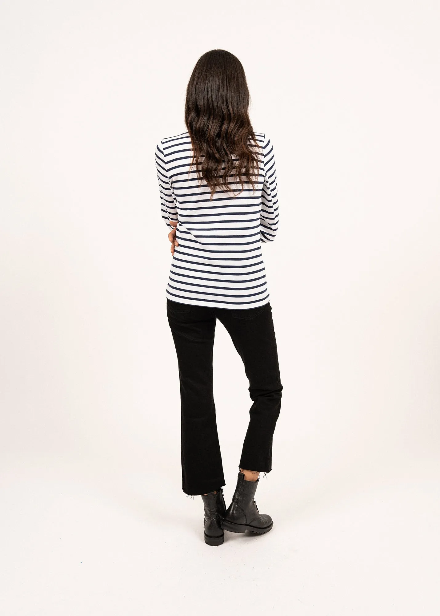 GALATHEE II - Breton Striped Top with ¾ Sleeve | Soft Cotton | Women Fit (WHITE / NAVY)