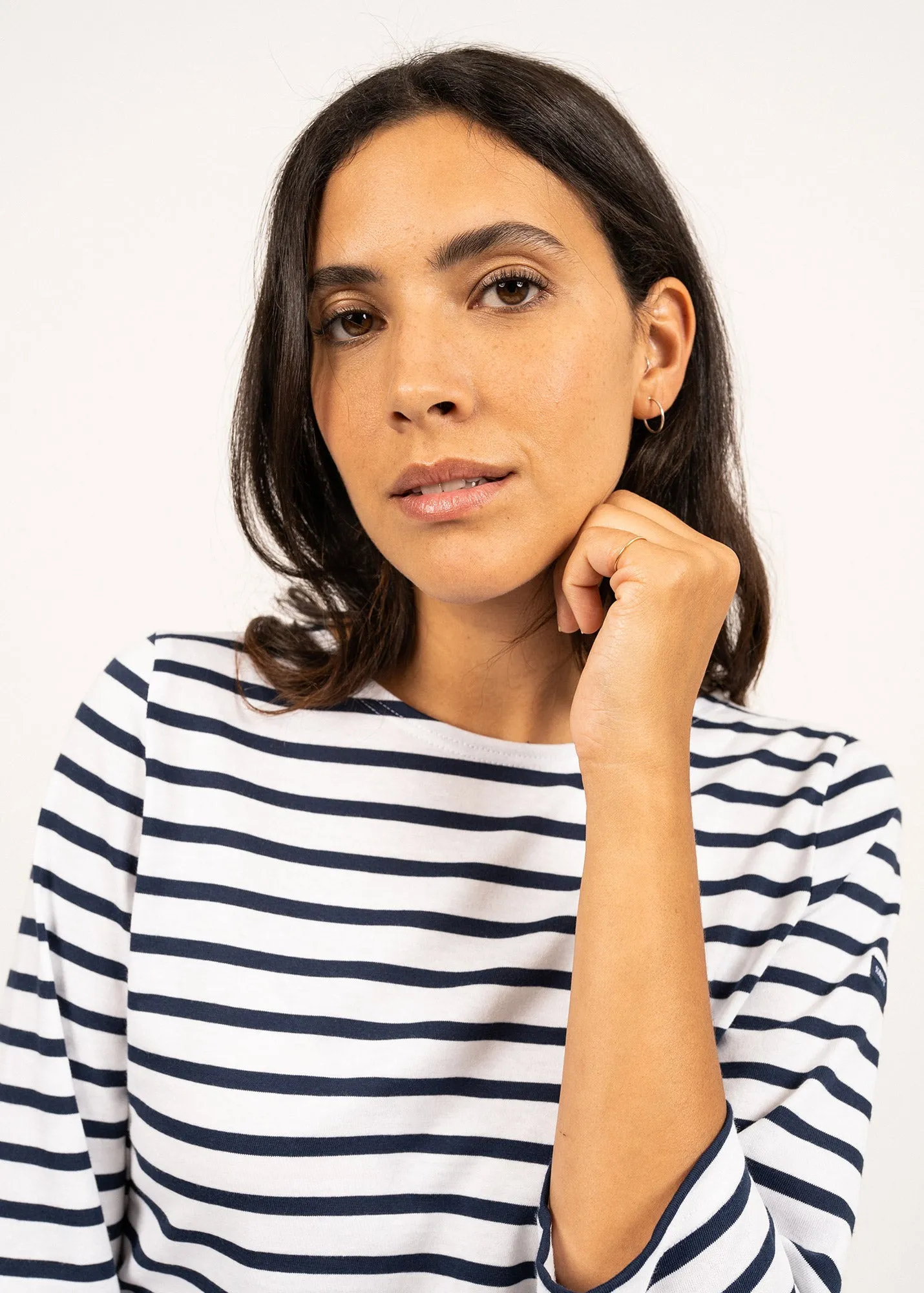 GALATHEE II - Breton Striped Top with ¾ Sleeve | Soft Cotton | Women Fit (WHITE / NAVY)